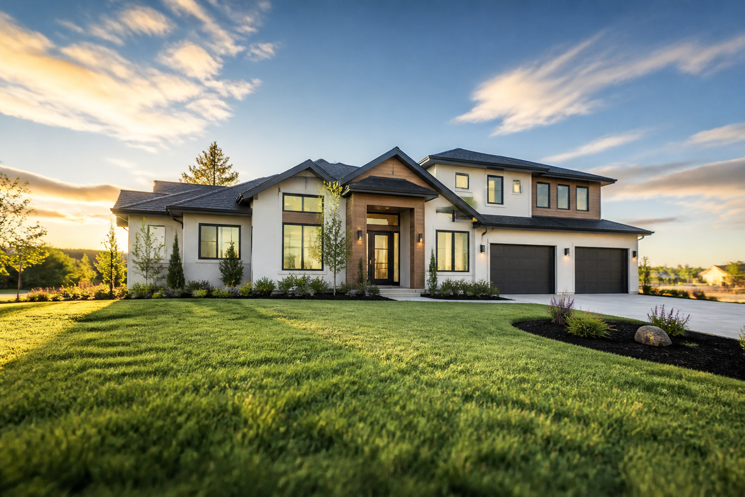 Modern American home exterior at golden hour
